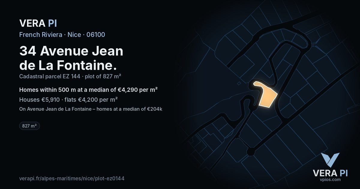 34 Avenue Jean de La Fontaine, Nice at night – the plot lit, the parcels around coloured by the prices near them
