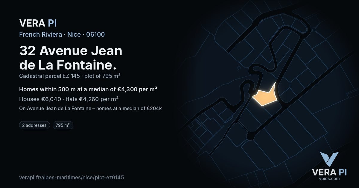 32 Avenue Jean de La Fontaine, Nice at night – the plot lit, the parcels around coloured by the prices near them