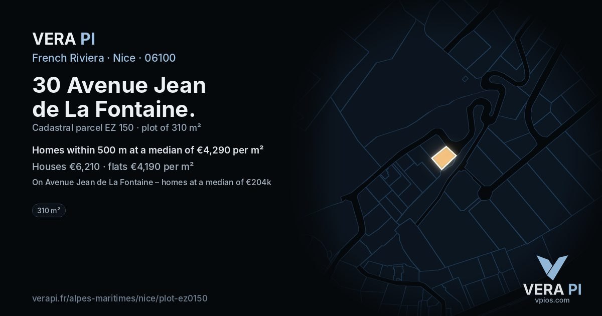 30 Avenue Jean de La Fontaine, Nice at night – the plot lit, the parcels around coloured by the prices near them