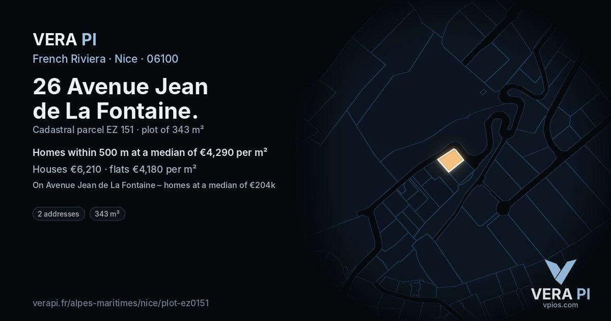 26 Avenue Jean de La Fontaine, Nice at night – the plot lit, the parcels around coloured by the prices near them
