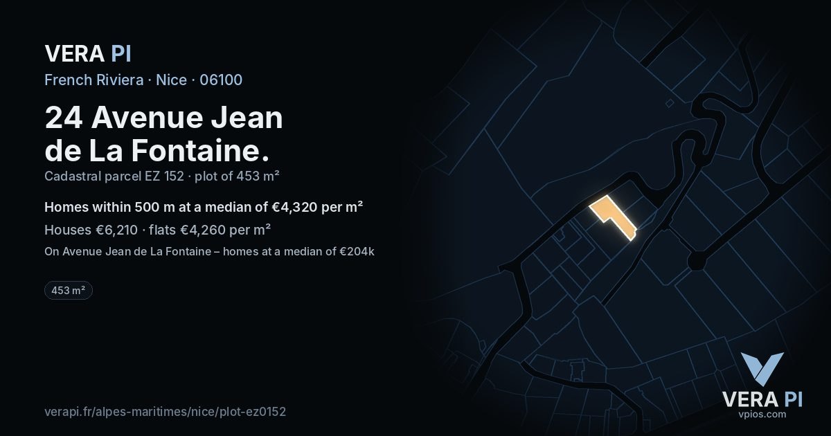 24 Avenue Jean de La Fontaine, Nice at night – the plot lit, the parcels around coloured by the prices near them