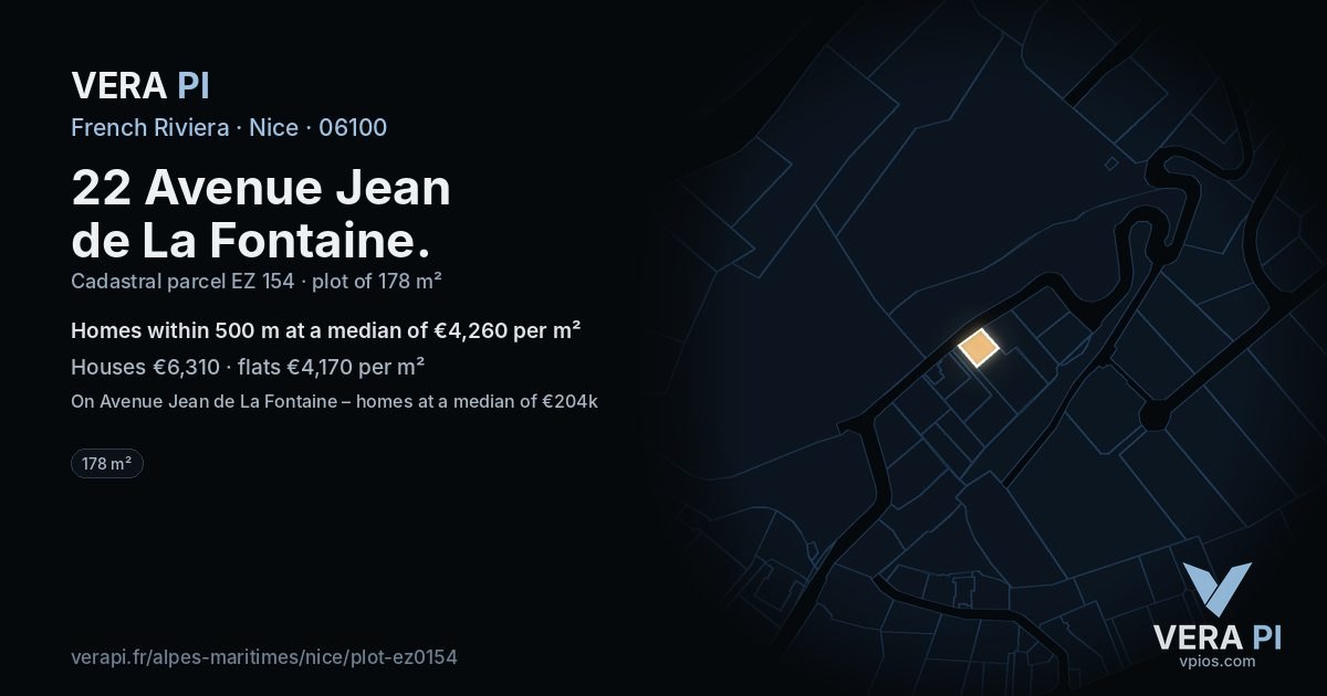 22 Avenue Jean de La Fontaine, Nice at night – the plot lit, the parcels around coloured by the prices near them