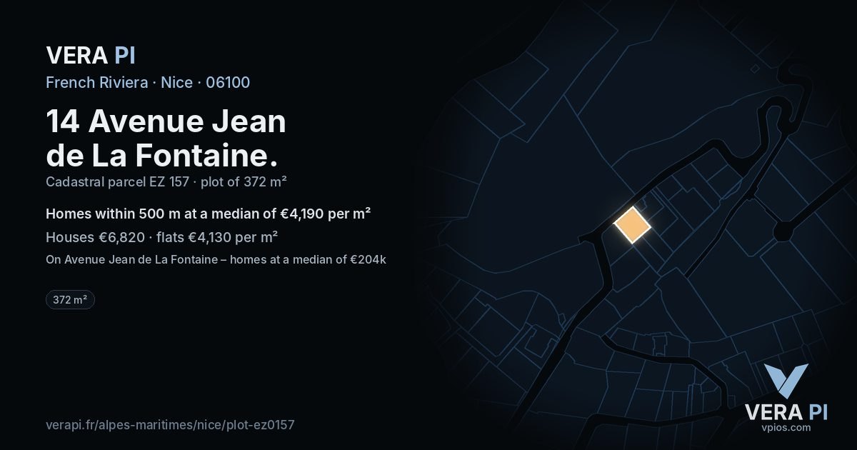 14 Avenue Jean de La Fontaine, Nice at night – the plot lit, the parcels around coloured by the prices near them
