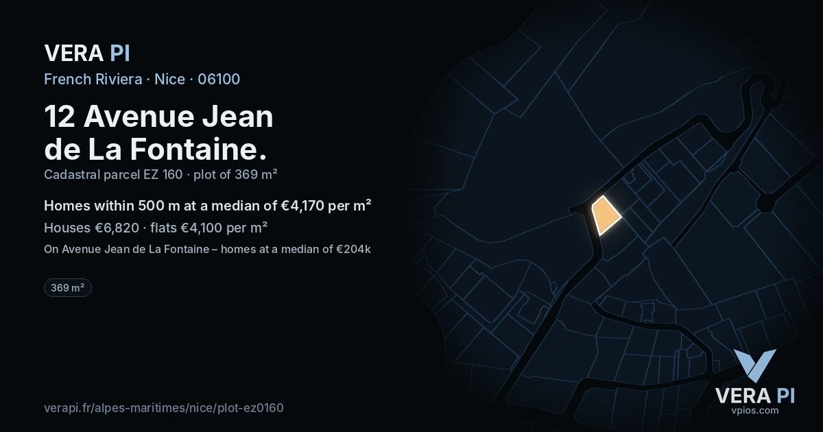 12 Avenue Jean de La Fontaine, Nice at night – the plot lit, the parcels around coloured by the prices near them