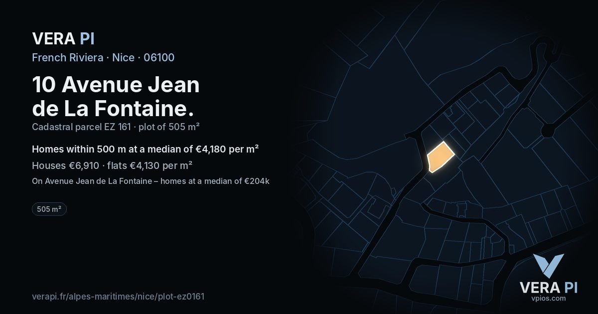 10 Avenue Jean de La Fontaine, Nice at night – the plot lit, the parcels around coloured by the prices near them