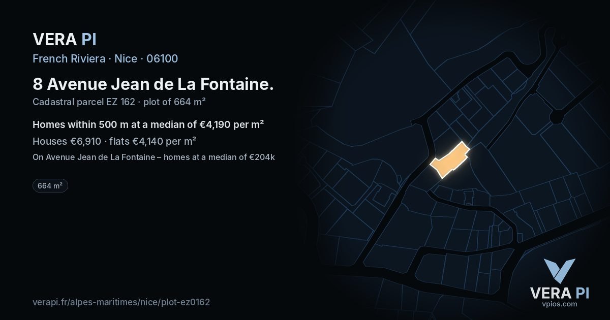 8 Avenue Jean de La Fontaine, Nice at night – the plot lit, the parcels around coloured by the prices near them
