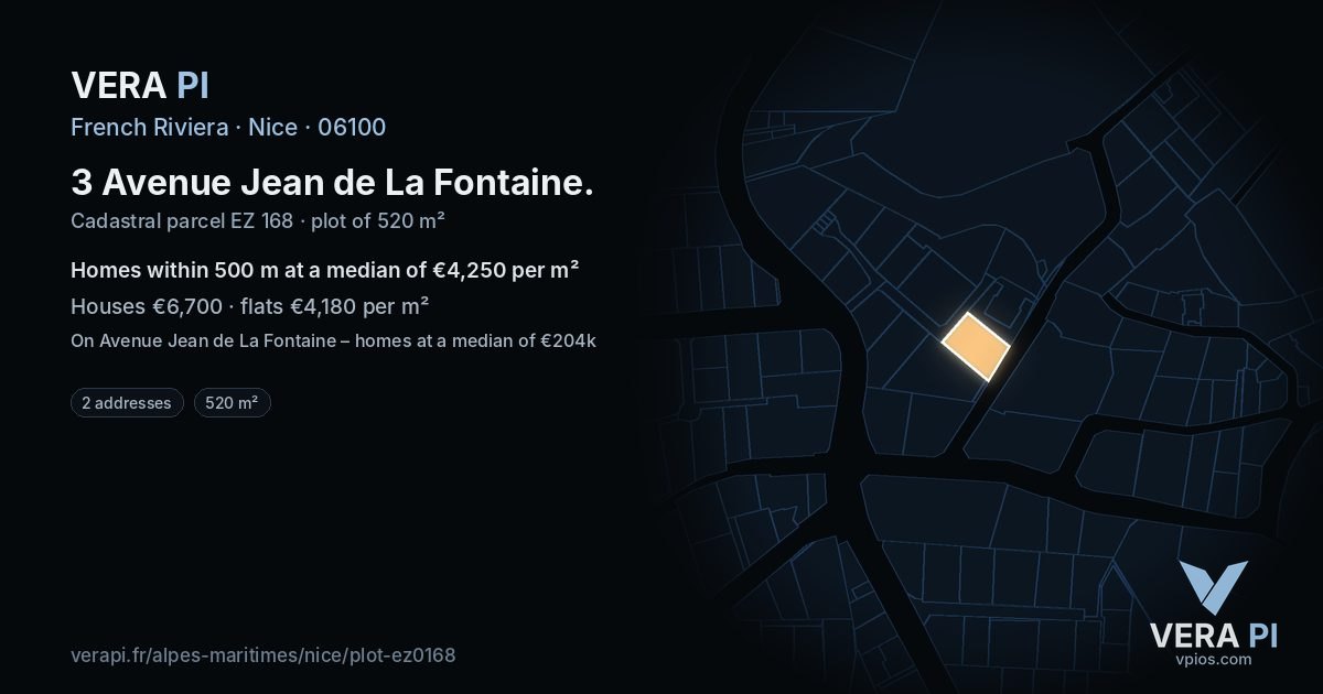 3 Avenue Jean de La Fontaine, Nice at night – the plot lit, the parcels around coloured by the prices near them