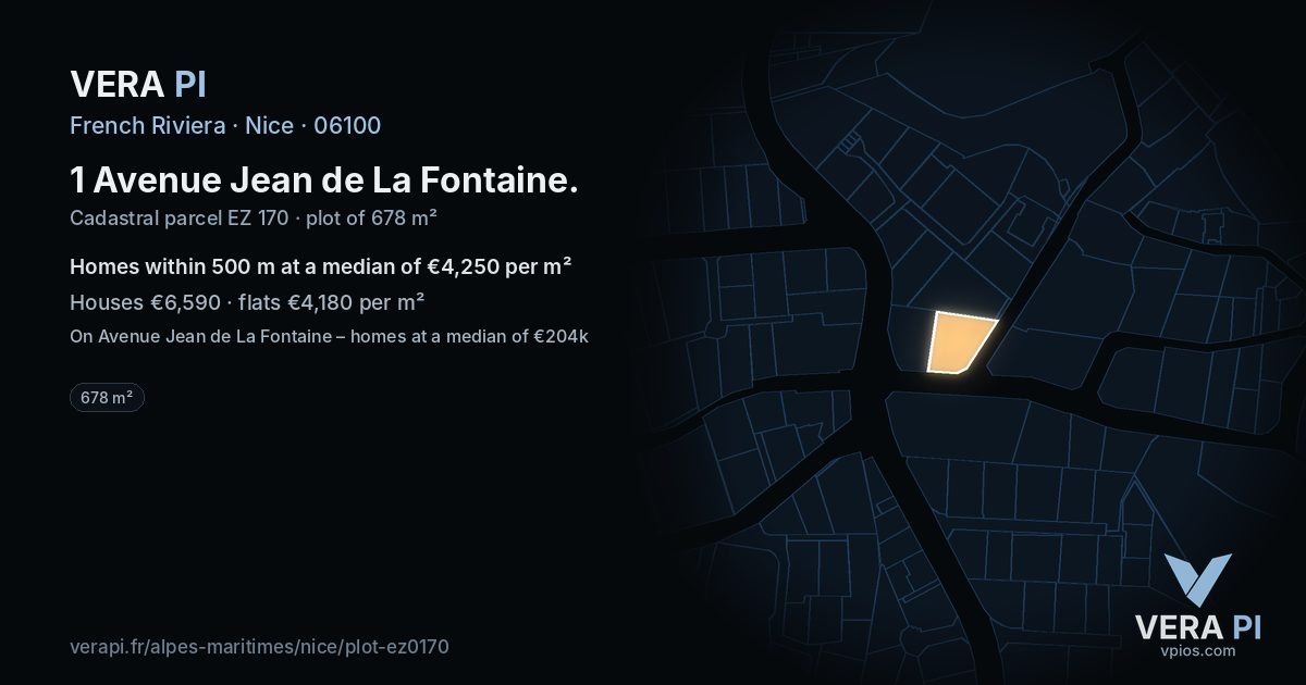1 Avenue Jean de La Fontaine, Nice at night – the plot lit, the parcels around coloured by the prices near them