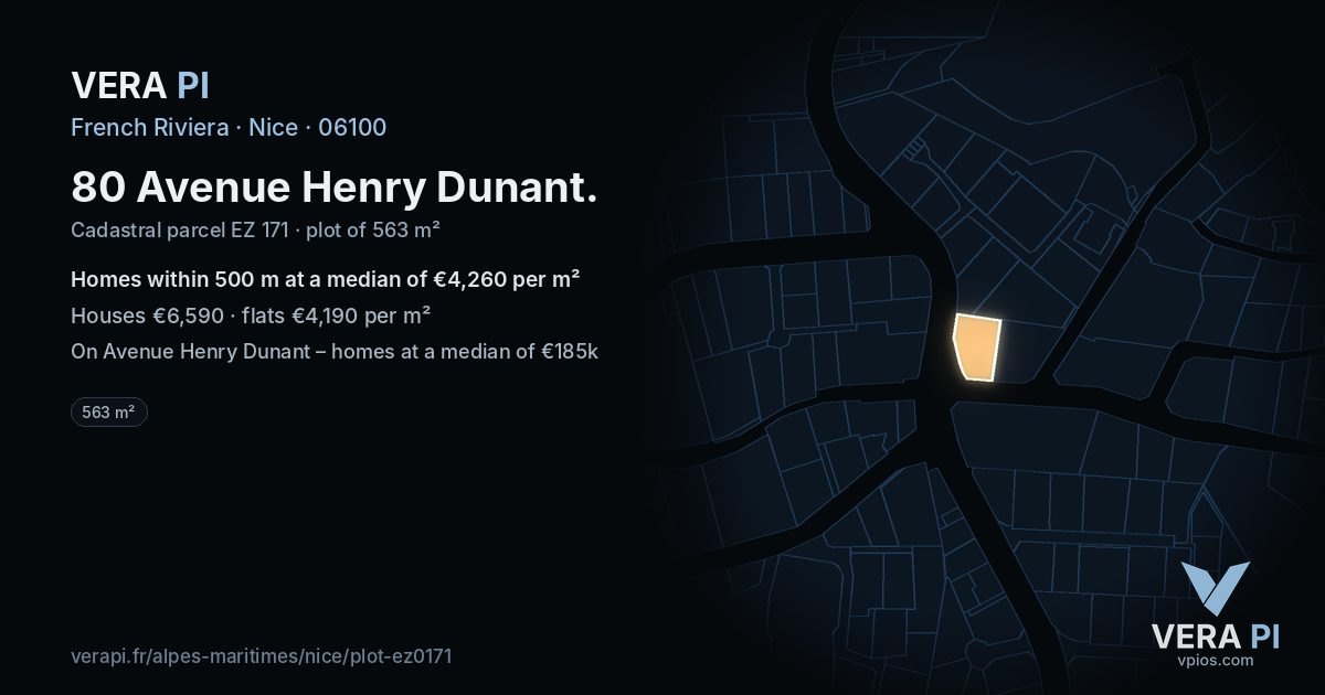80 Avenue Henry Dunant, Nice at night – the plot lit, the parcels around coloured by the prices near them