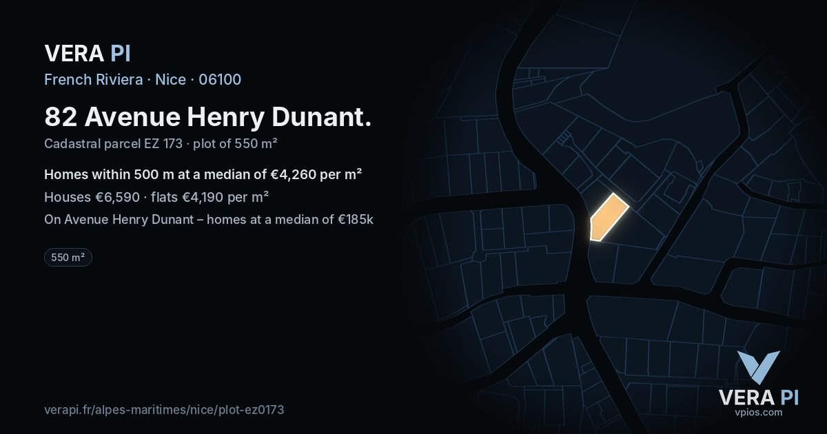 82 Avenue Henry Dunant, Nice at night – the plot lit, the parcels around coloured by the prices near them