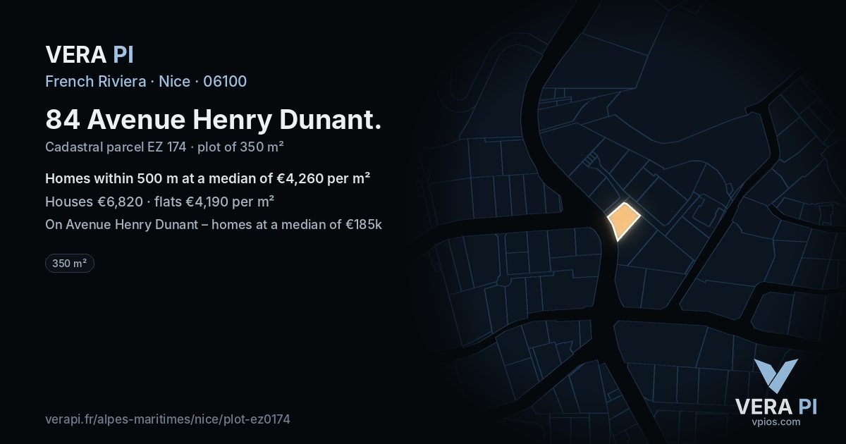 84 Avenue Henry Dunant, Nice at night – the plot lit, the parcels around coloured by the prices near them