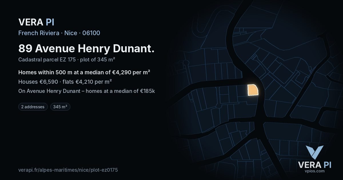 89 Avenue Henry Dunant, Nice at night – the plot lit, the parcels around coloured by the prices near them