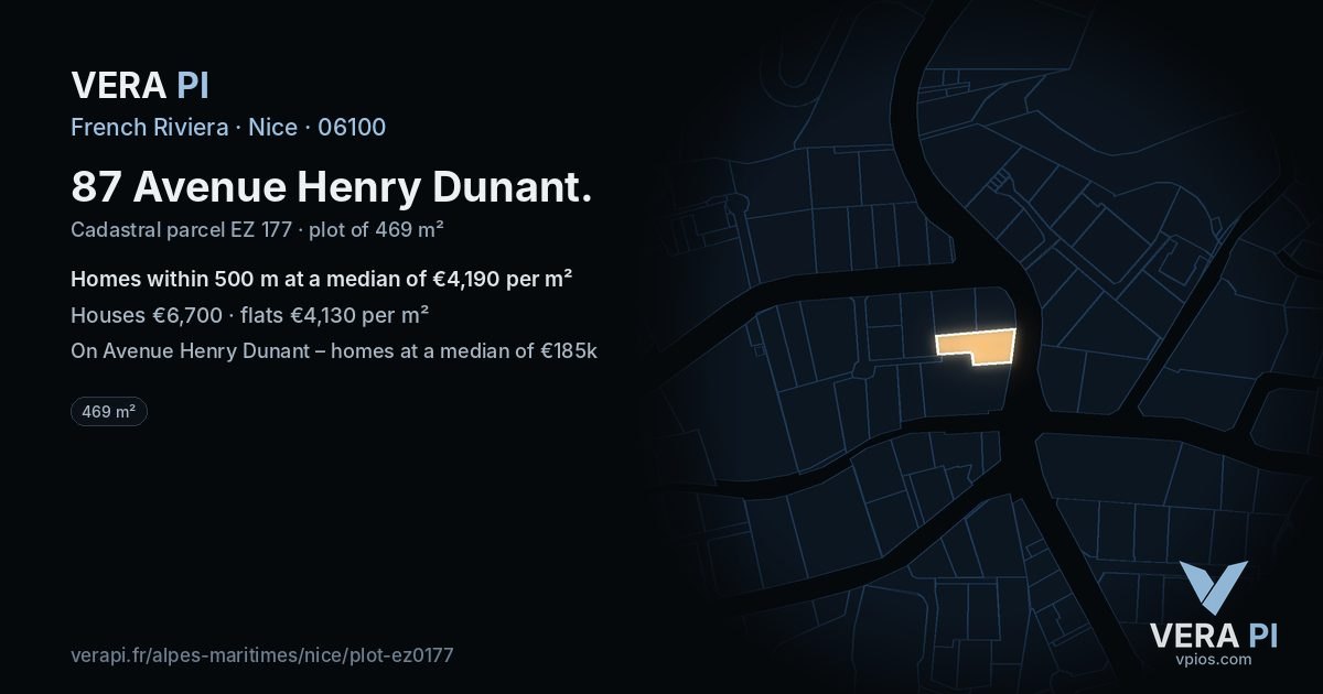 87 Avenue Henry Dunant, Nice at night – the plot lit, the parcels around coloured by the prices near them