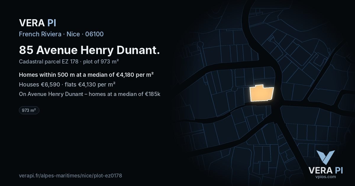 85 Avenue Henry Dunant, Nice at night – the plot lit, the parcels around coloured by the prices near them