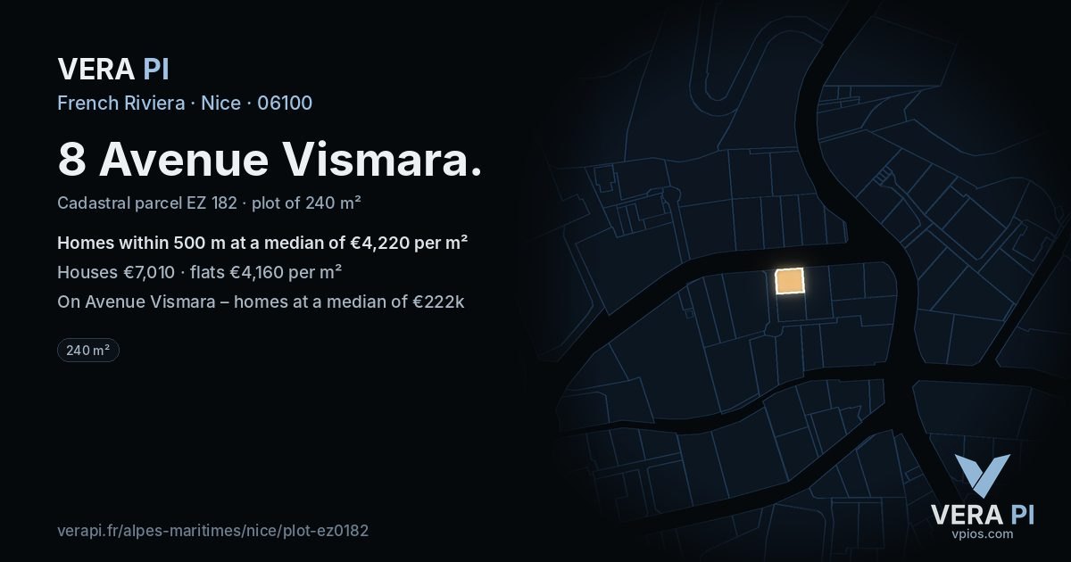 8 Avenue Vismara, Nice at night – the plot lit, the parcels around coloured by the prices near them