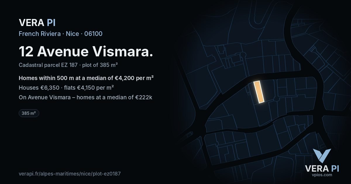 12 Avenue Vismara, Nice at night – the plot lit, the parcels around coloured by the prices near them