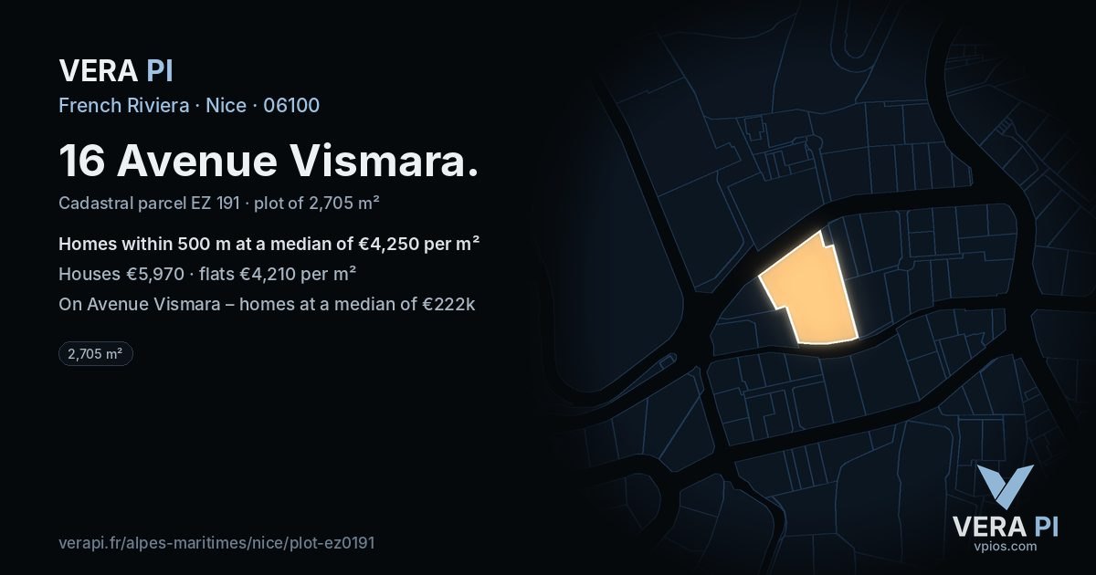 16 Avenue Vismara, Nice at night – the plot lit, the parcels around coloured by the prices near them