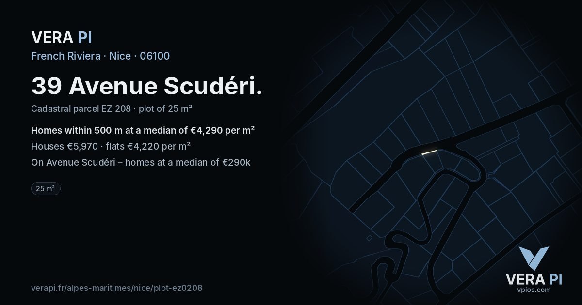 39 Avenue Scudéri, Nice at night – the plot lit, the parcels around coloured by the prices near them
