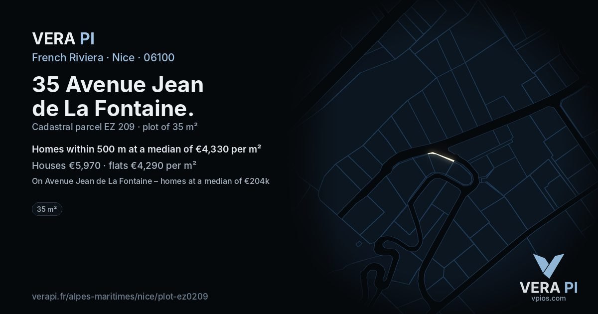 35 Avenue Jean de La Fontaine, Nice at night – the plot lit, the parcels around coloured by the prices near them