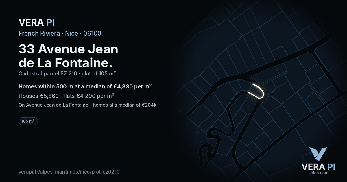33 Avenue Jean de La Fontaine, Nice at night – the plot lit, the parcels around coloured by the prices near them