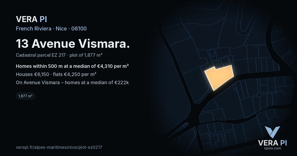 13 Avenue Vismara, Nice at night – the plot lit, the parcels around coloured by the prices near them