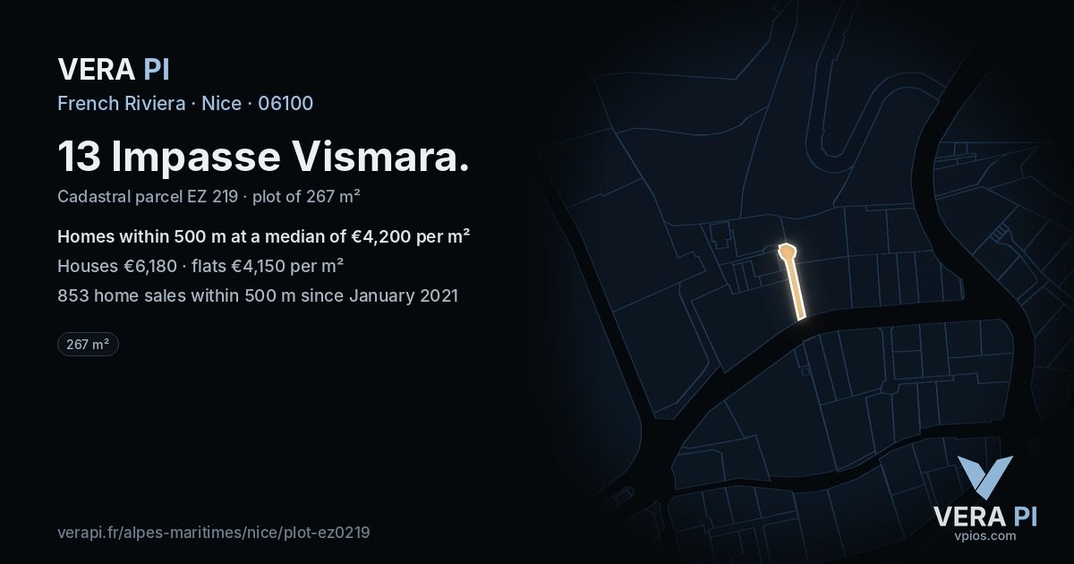 13 Impasse Vismara, Nice at night – the plot lit, the parcels around coloured by the prices near them