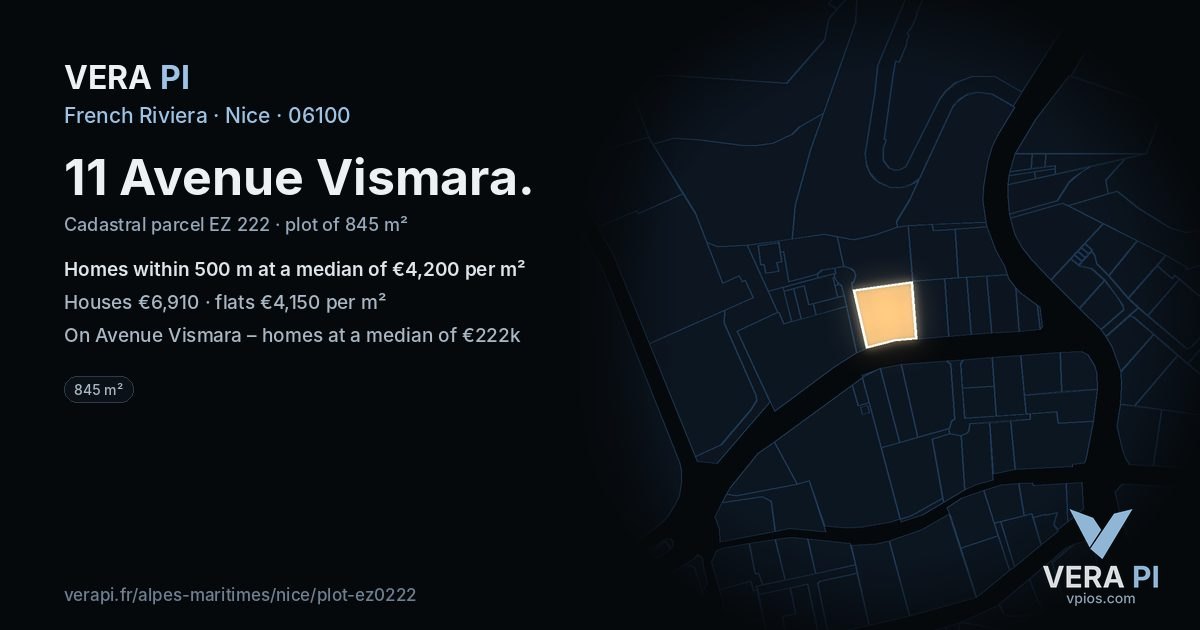 11 Avenue Vismara, Nice at night – the plot lit, the parcels around coloured by the prices near them