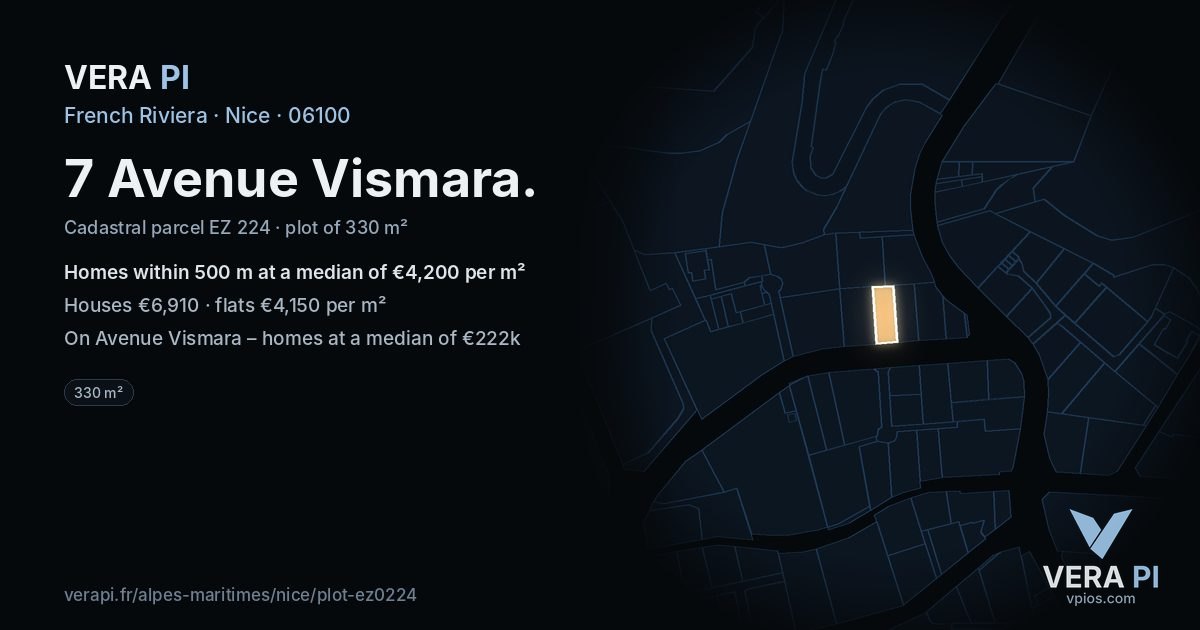 7 Avenue Vismara, Nice at night – the plot lit, the parcels around coloured by the prices near them