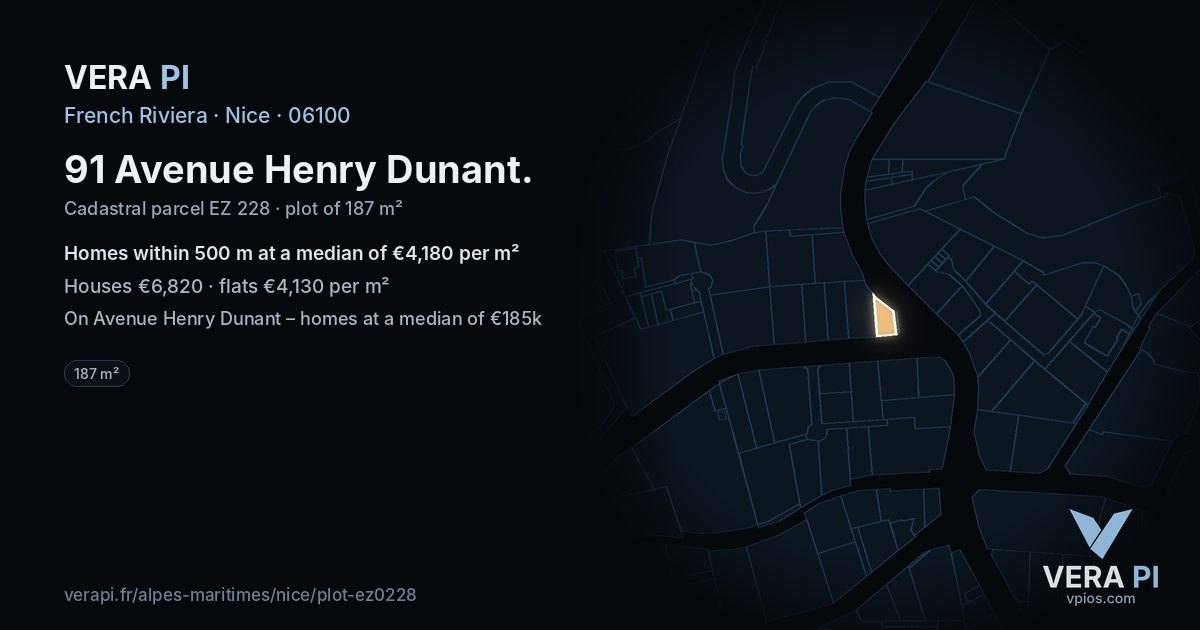 91 Avenue Henry Dunant, Nice at night – the plot lit, the parcels around coloured by the prices near them