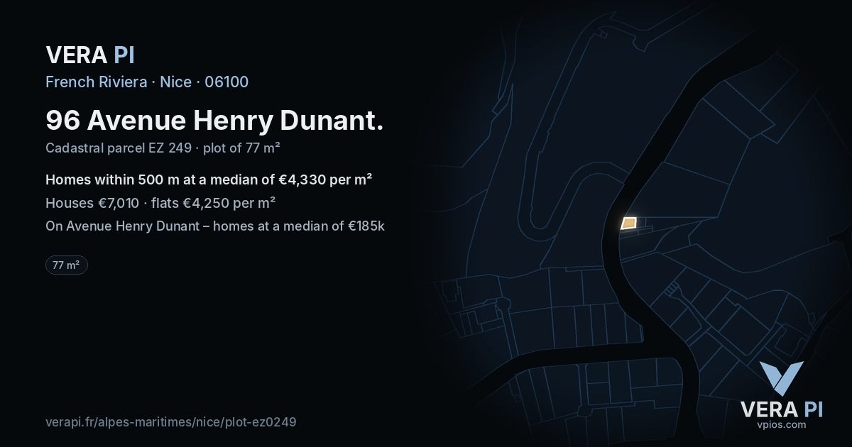 96 Avenue Henry Dunant, Nice at night – the plot lit, the parcels around coloured by the prices near them