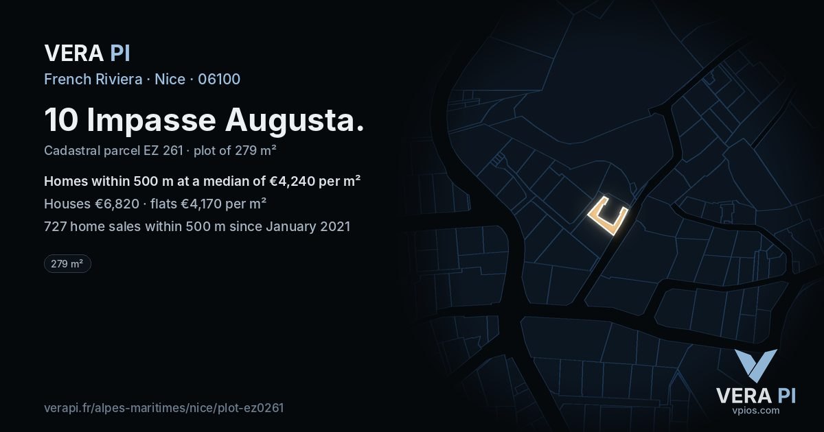 10 Impasse Augusta, Nice at night – the plot lit, the parcels around coloured by the prices near them