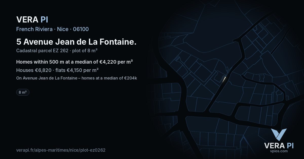 5 Avenue Jean de La Fontaine, Nice at night – the plot lit, the parcels around coloured by the prices near them
