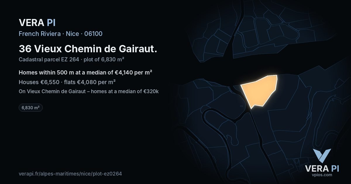 36 Vieux Chemin de Gairaut, Nice at night – the plot lit, the parcels around coloured by the prices near them