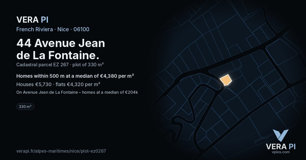 44 Avenue Jean de La Fontaine, Nice at night – the plot lit, the parcels around coloured by the prices near them