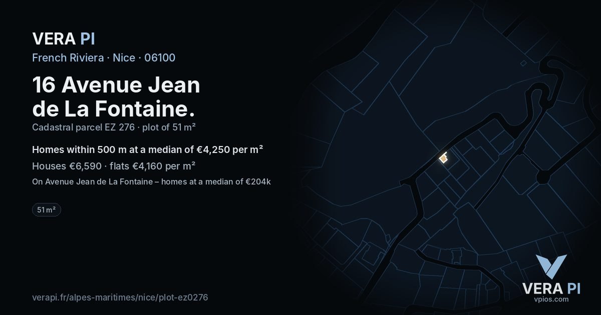 16 Avenue Jean de La Fontaine, Nice at night – the plot lit, the parcels around coloured by the prices near them