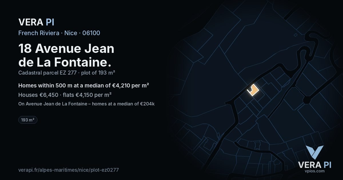 18 Avenue Jean de La Fontaine, Nice at night – the plot lit, the parcels around coloured by the prices near them