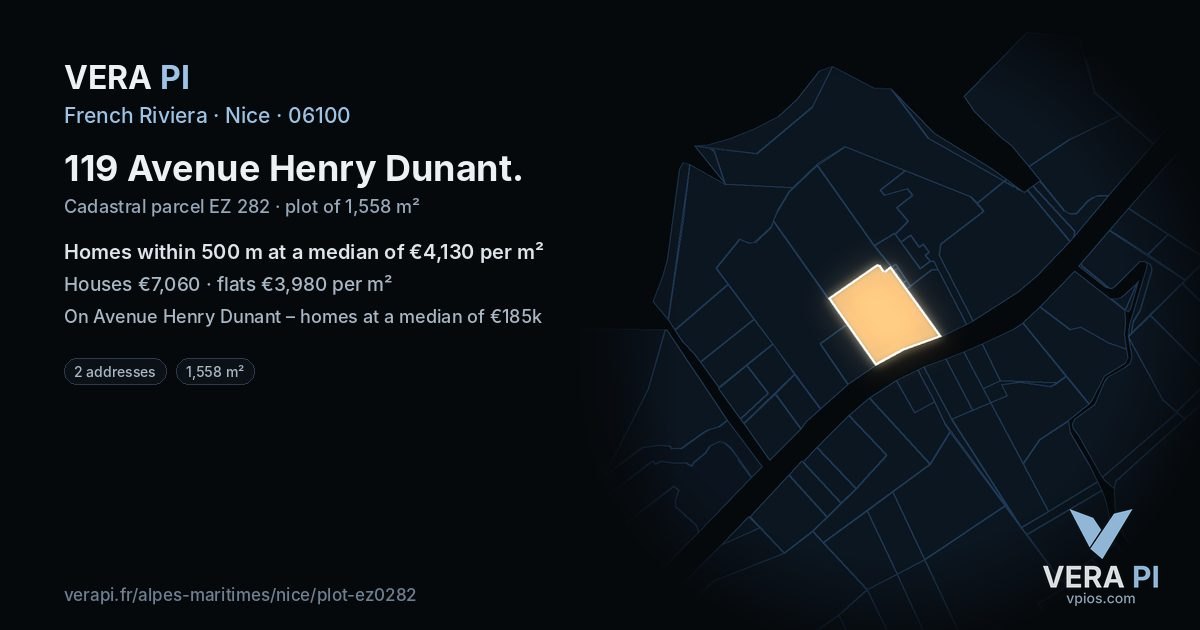 119 Avenue Henry Dunant, Nice at night – the plot lit, the parcels around coloured by the prices near them