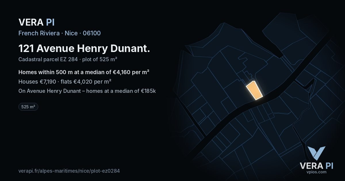 121 Avenue Henry Dunant, Nice at night – the plot lit, the parcels around coloured by the prices near them