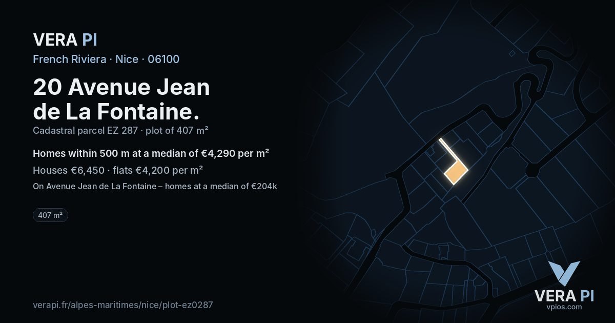 20 Avenue Jean de La Fontaine, Nice at night – the plot lit, the parcels around coloured by the prices near them
