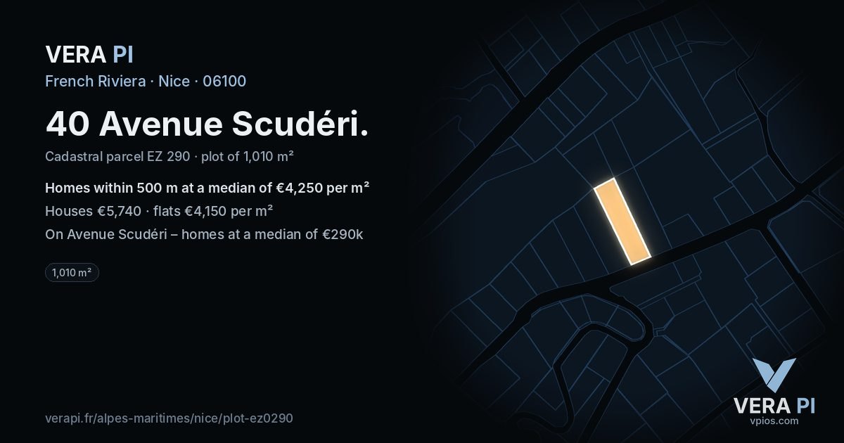 40 Avenue Scudéri, Nice at night – the plot lit, the parcels around coloured by the prices near them