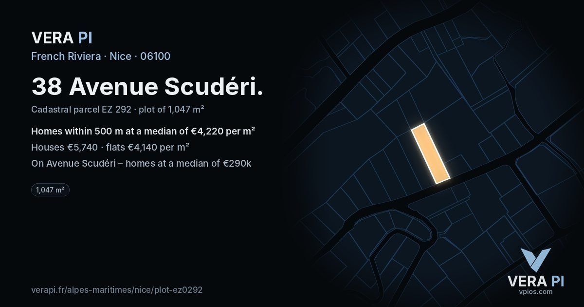 38 Avenue Scudéri, Nice at night – the plot lit, the parcels around coloured by the prices near them