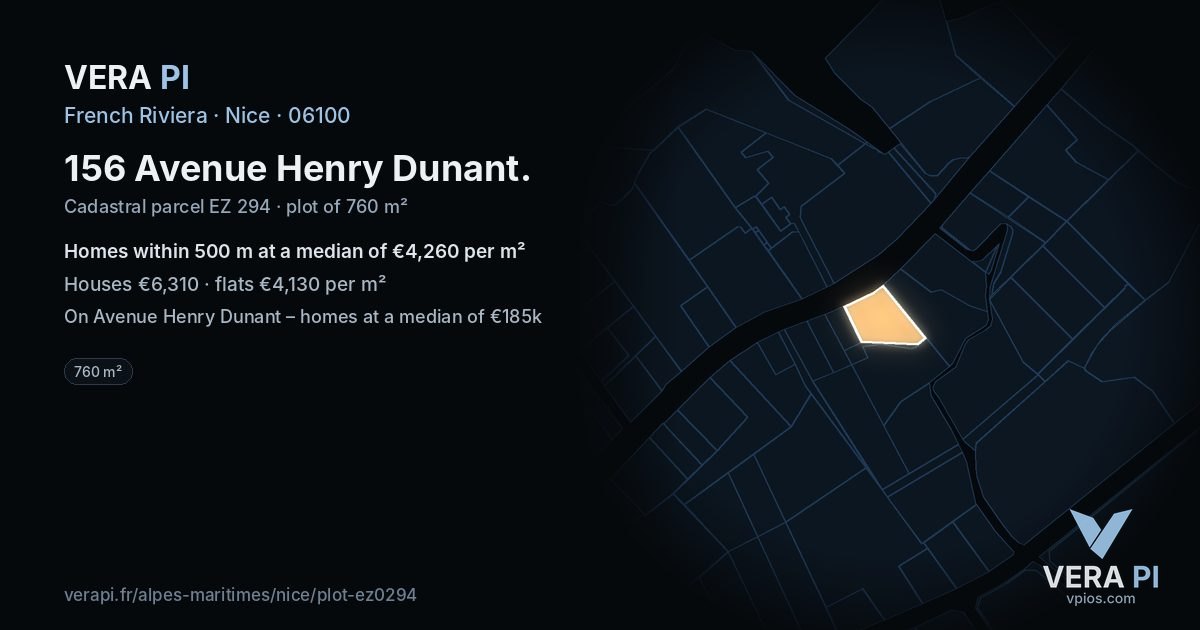 156 Avenue Henry Dunant, Nice at night – the plot lit, the parcels around coloured by the prices near them