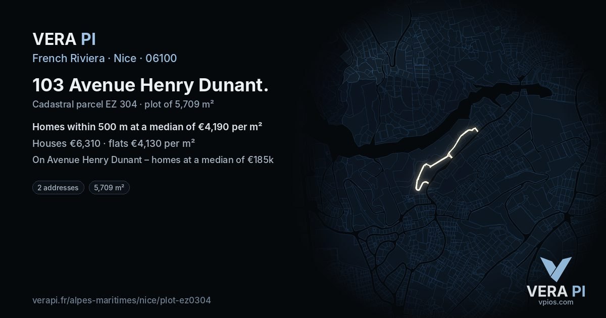 103 Avenue Henry Dunant, Nice at night – the plot lit, the parcels around coloured by the prices near them