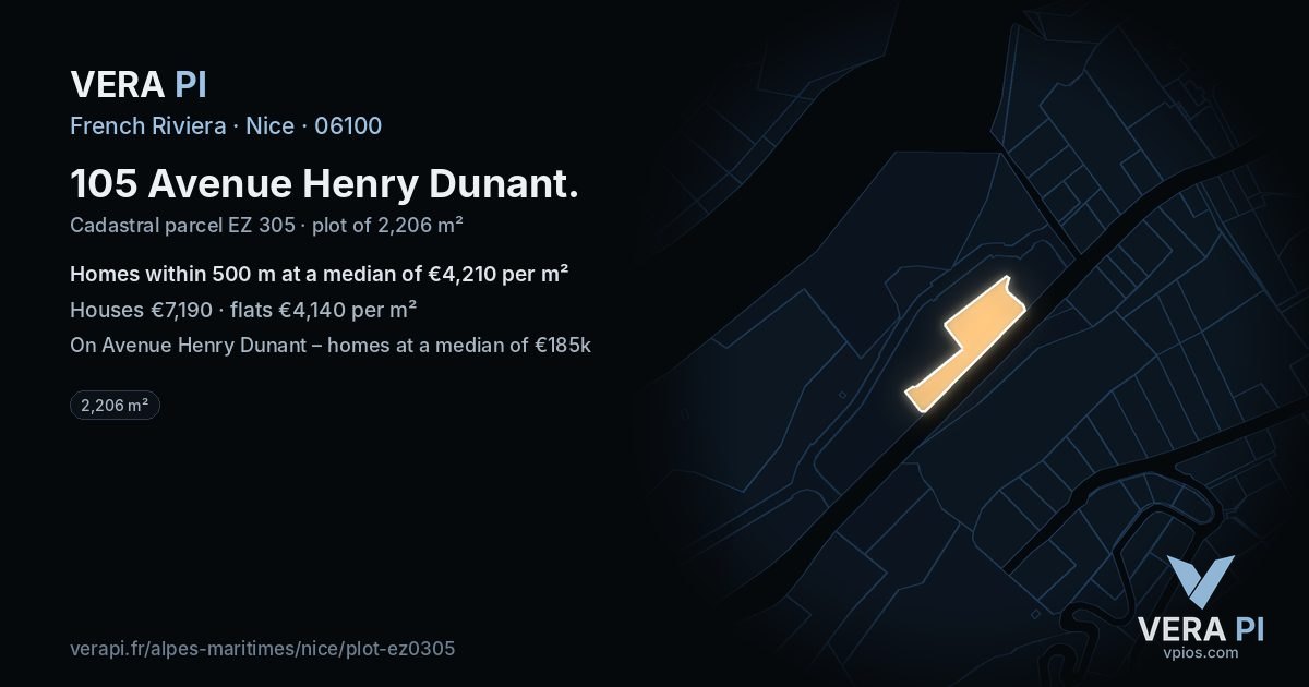 105 Avenue Henry Dunant, Nice at night – the plot lit, the parcels around coloured by the prices near them