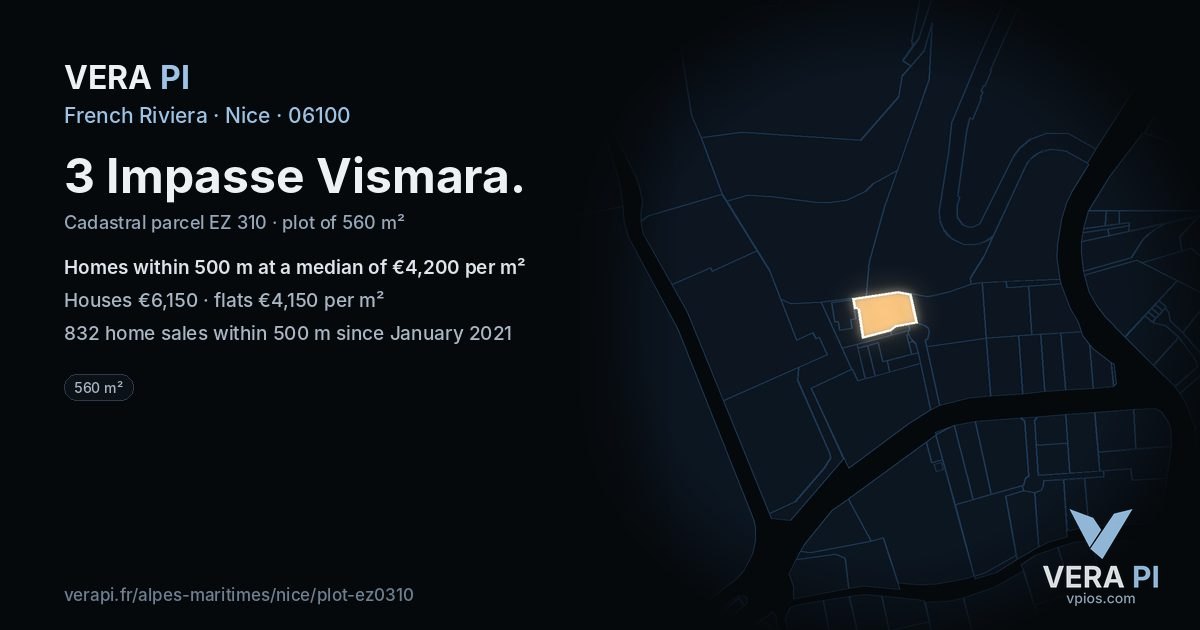 3 Impasse Vismara, Nice at night – the plot lit, the parcels around coloured by the prices near them