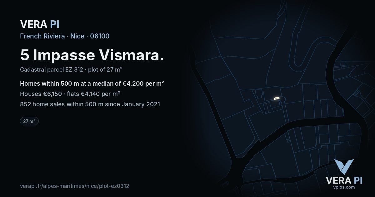 5 Impasse Vismara, Nice at night – the plot lit, the parcels around coloured by the prices near them