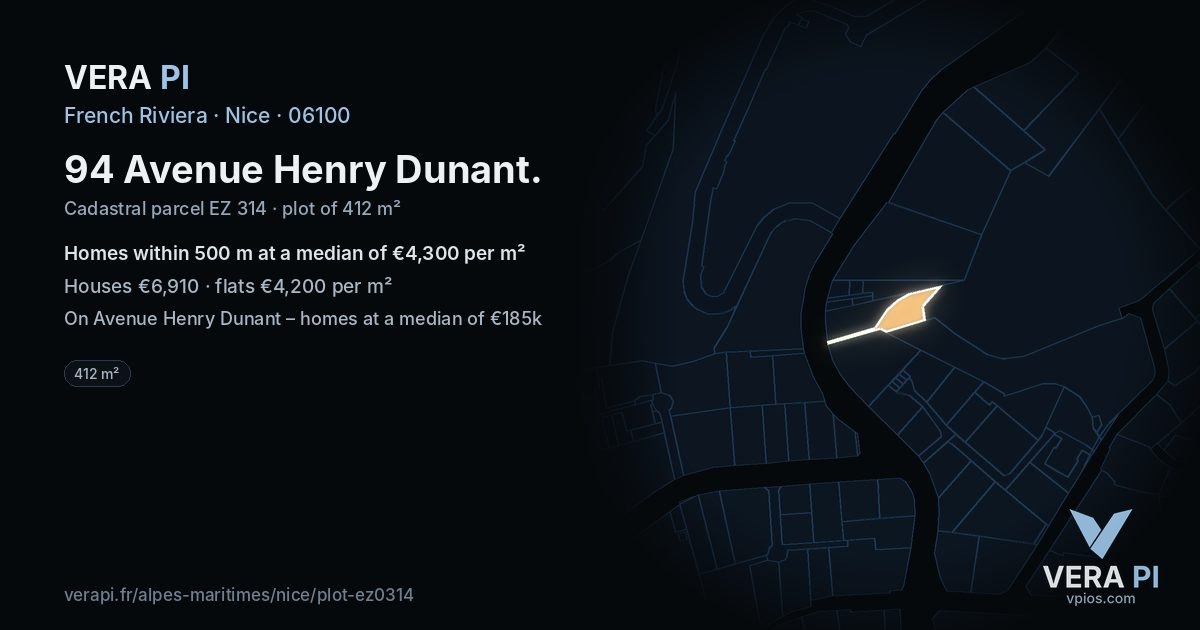 94 Avenue Henry Dunant, Nice at night – the plot lit, the parcels around coloured by the prices near them