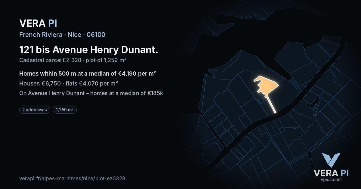 121 bis Avenue Henry Dunant, Nice at night – the plot lit, the parcels around coloured by the prices near them