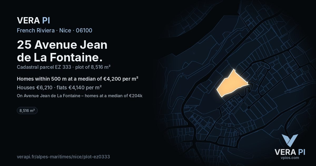 25 Avenue Jean de La Fontaine, Nice at night – the plot lit, the parcels around coloured by the prices near them