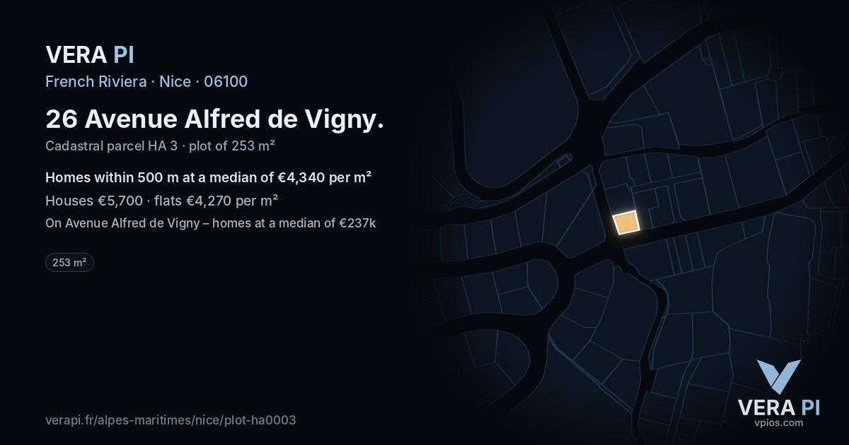 26 Avenue Alfred de Vigny, Nice at night – the plot lit, the parcels around coloured by the prices near them